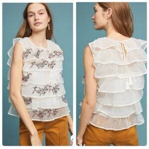 Anthropologie White Floral Embroidered Blouse